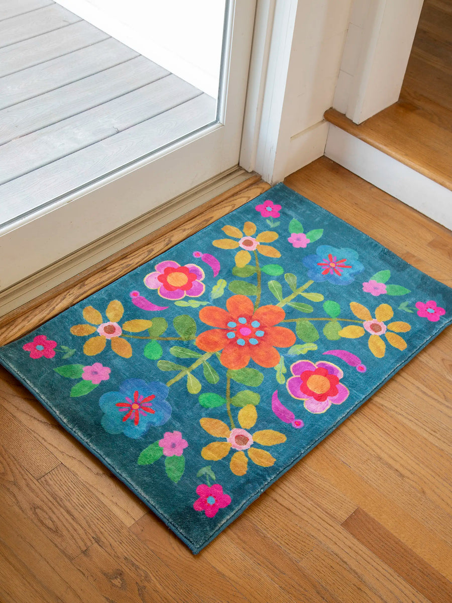 Chenille Rug, 2' X 3' - Teal Folk Floral – Natural Life