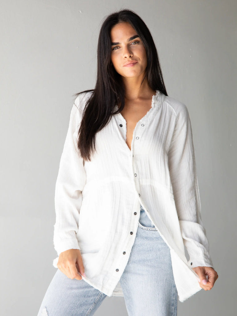 Laid Back Cotton Button Down Top - White-view 1