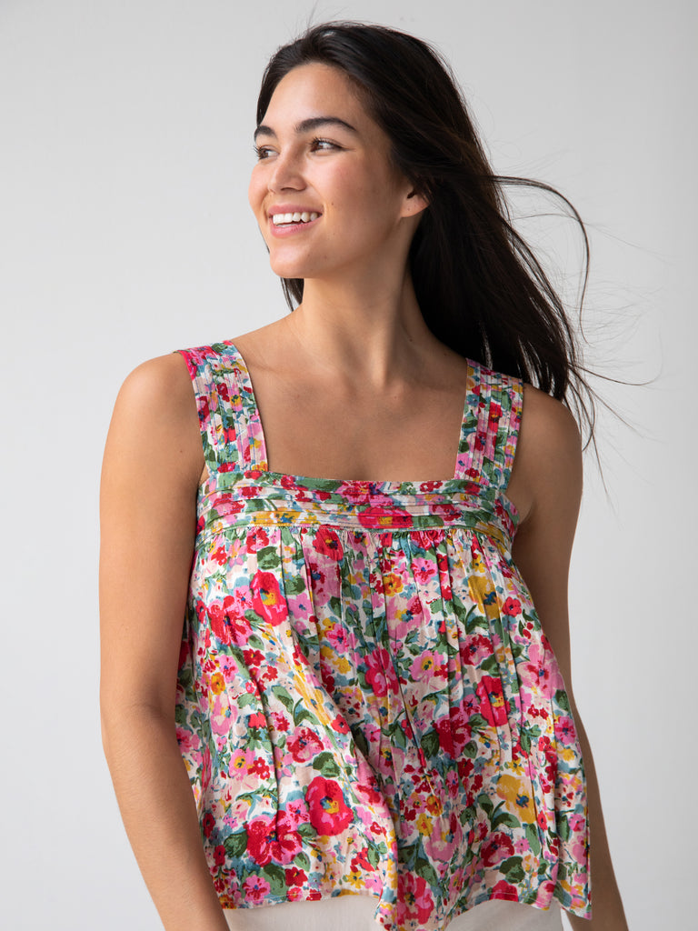Kate Pleated Tank Top - Bright Pink Floral-view 2