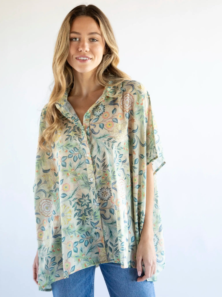 Kelly Oversized Button Down - Cream Blue Leaves-view 1