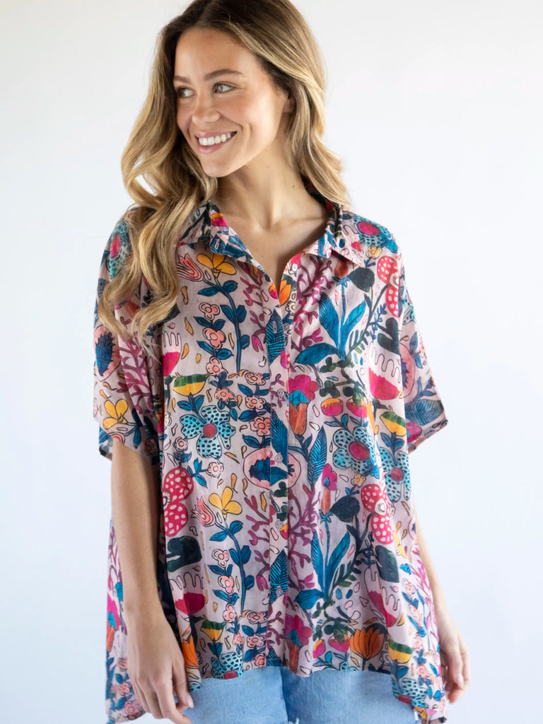 Kelly Oversized Button Down - Light Pink Multi Floral-view 2