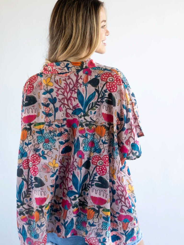 Kelly Oversized Button Down - Light Pink Multi Floral-view 3