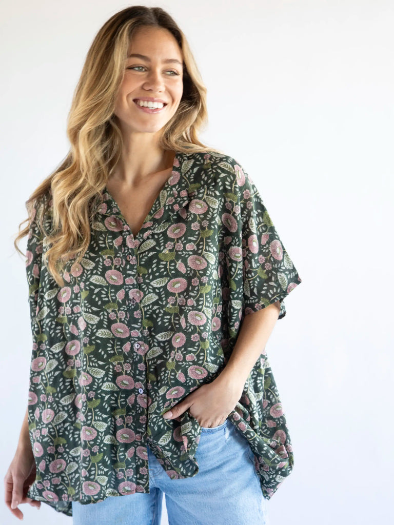 Kelly Oversized Button Down - Dark Green Pink Floral Vines-view 1