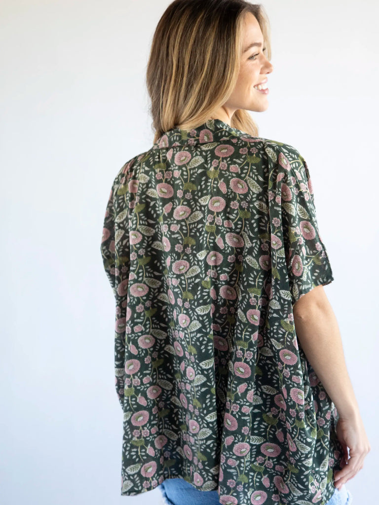 Kelly Oversized Button Down - Dark Green Pink Floral Vines-view 2