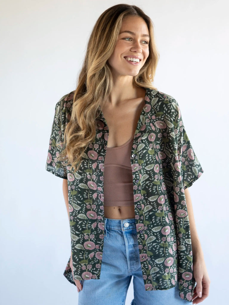 Kelly Oversized Button Down - Dark Green Pink Floral Vines-view 3