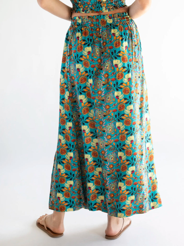 Carmen Smocked Midi Skirt - Blue Orange Floral-view 4