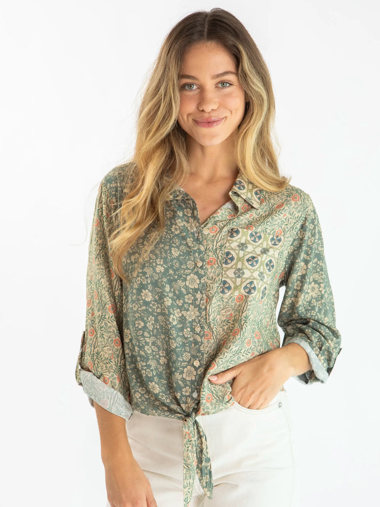 Lola Tie Button Down - Cream Sage Mixed Floral-view 1