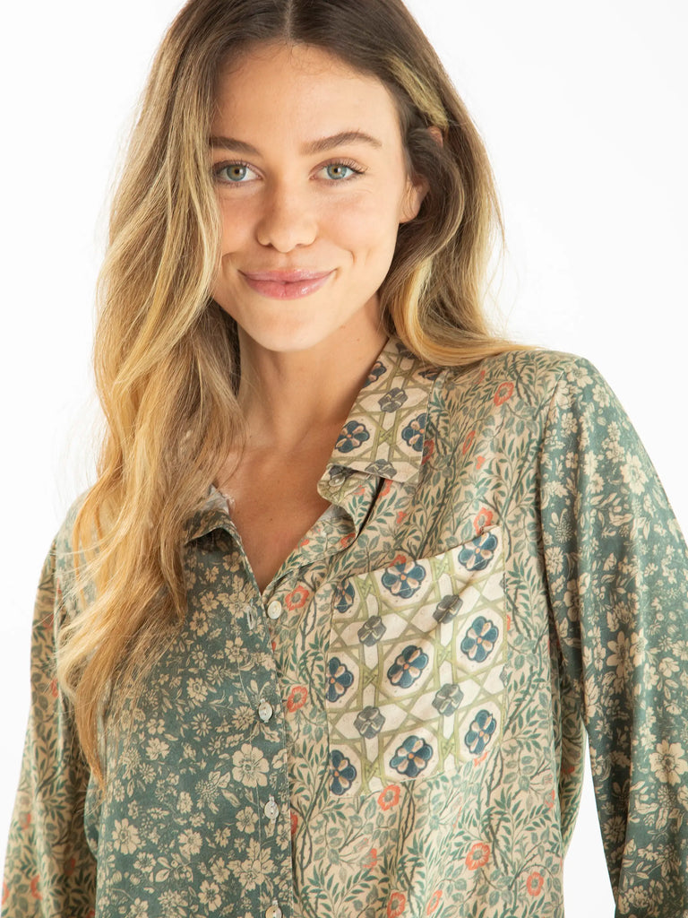 Lola Tie Button Down - Cream Sage Mixed Floral-view 2