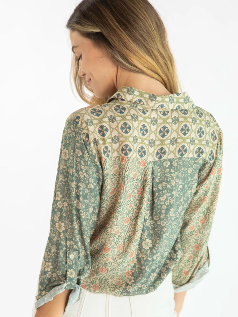 Lola Tie Button Down - Cream Sage Mixed Floral-view 3