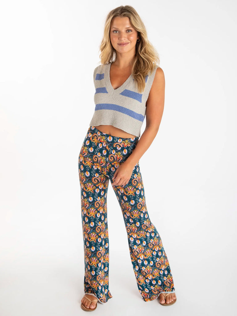 Cali Knit Wide Leg Pant - Teal Orange Paisley-view 4