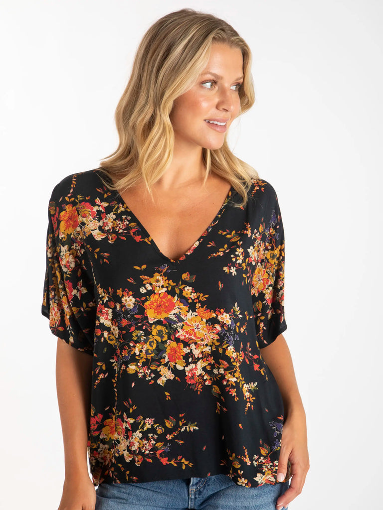 Easy V-Neck Top - Navy Red Bouquets-view 1