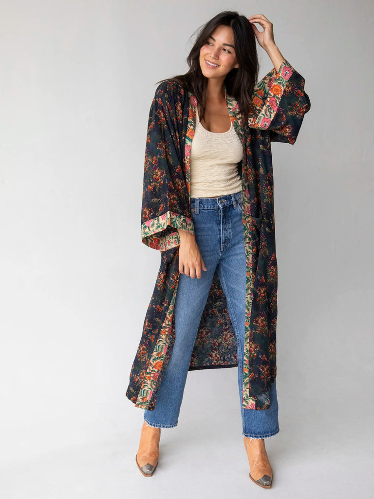 Camila Kimono - Indigo Tan Mixed Floral-view 1