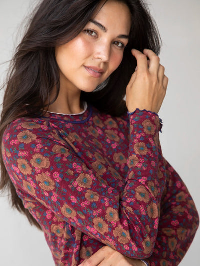 Lily Knit Cotton Long Sleeve Tee Shirt - Cranberry Brown Floral-view 1