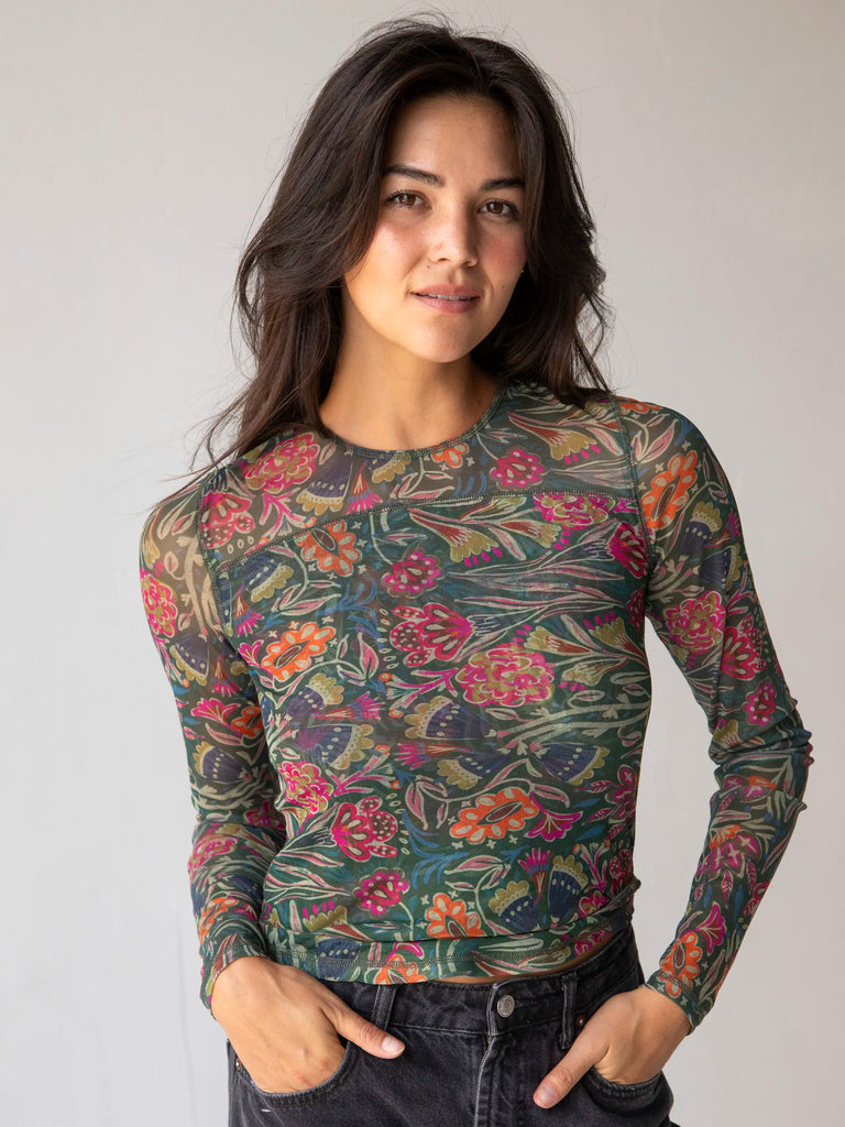 Sloane Mesh Long Sleeve Top - Green Lined Floral-view 1