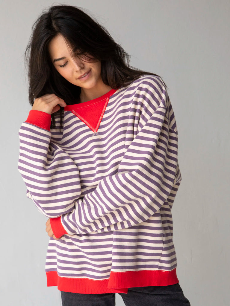 Oversized Striped Sweatshirt - Cream Purple Stripes-view 1