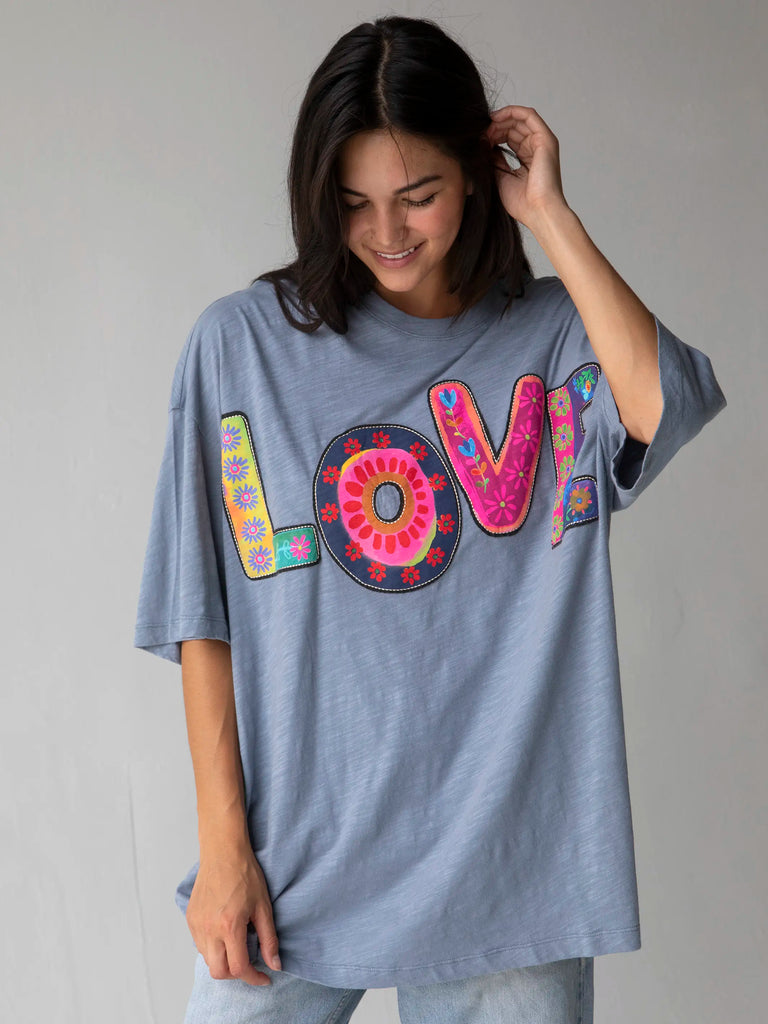 Oversized Cotton Applique Tee - Dusty Blue Love-view 1