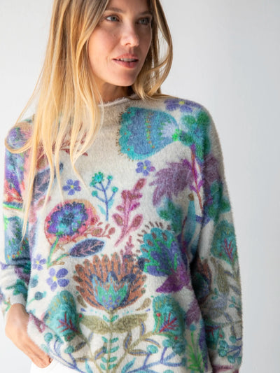 Cashmere-Like Fuzzy Pullover Sweater - Ash Folk Flower-view 1