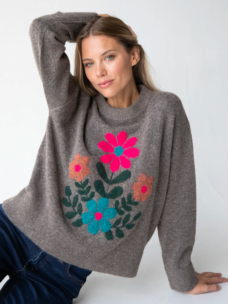 Boxy Intarsia Sweater - Brown Folk Flower-view 1