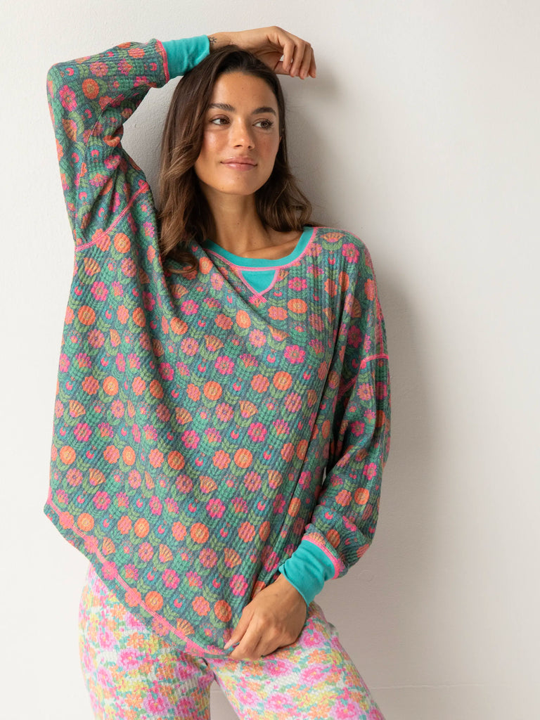 Mix & Match Waffle Pajama Top - Teal Mod Floral-view 1