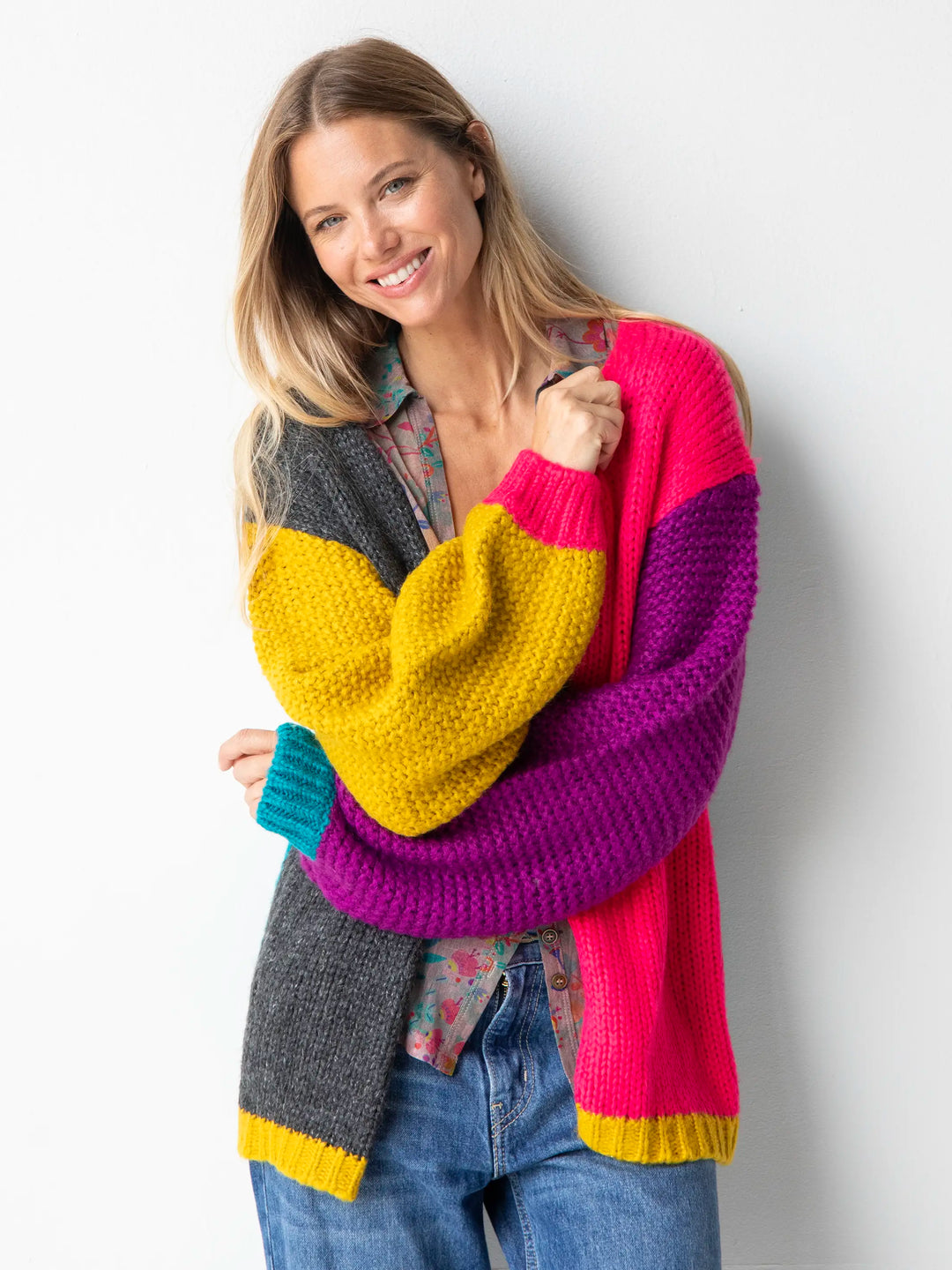 Oversized Color Block Cardigan Sweater - Multicolored