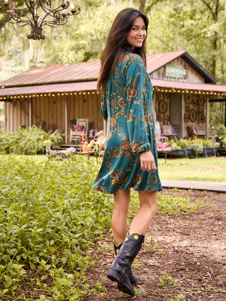 Ansley Woven Tunic Shirt Dress - Teal Orange Clusters-view 3