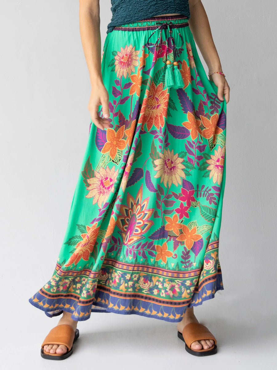 Milena Maxi Skirt - Green Bright Floral Border – Natural Life