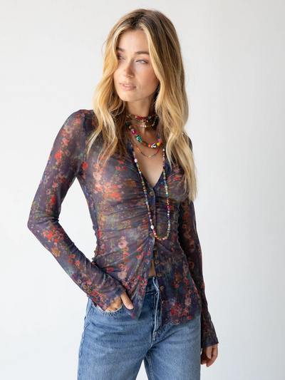 Carina Mesh Top - Watercolor Indigo Floral-view 1