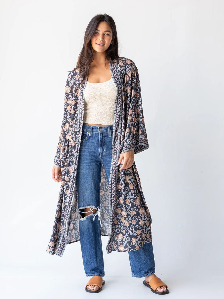 Camila Kimono - Charcoal Light Blue Floral – Natural Life