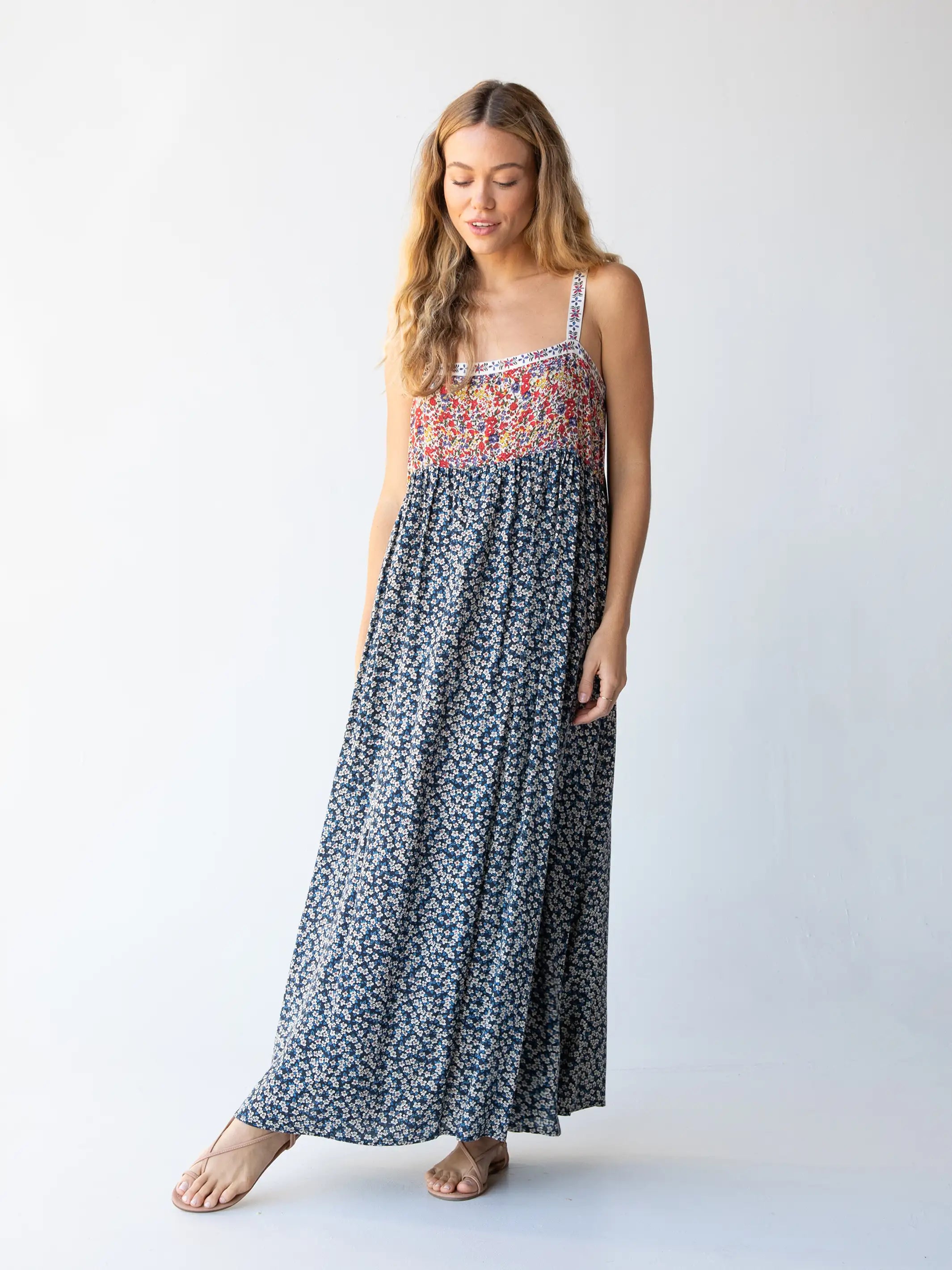 Patti Side Slit Maxi Dress - Turquoise Cream Roses – Natural Life