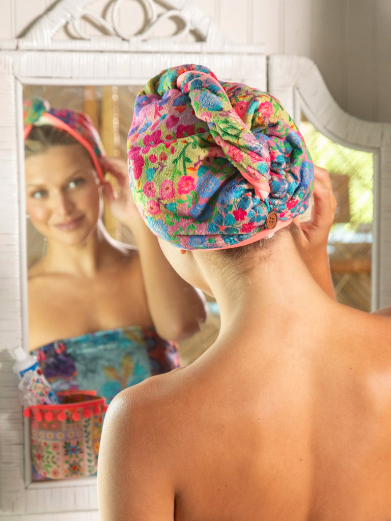 Microfiber Hair Towel Wrap - Rainbow Floral Rows-view 1