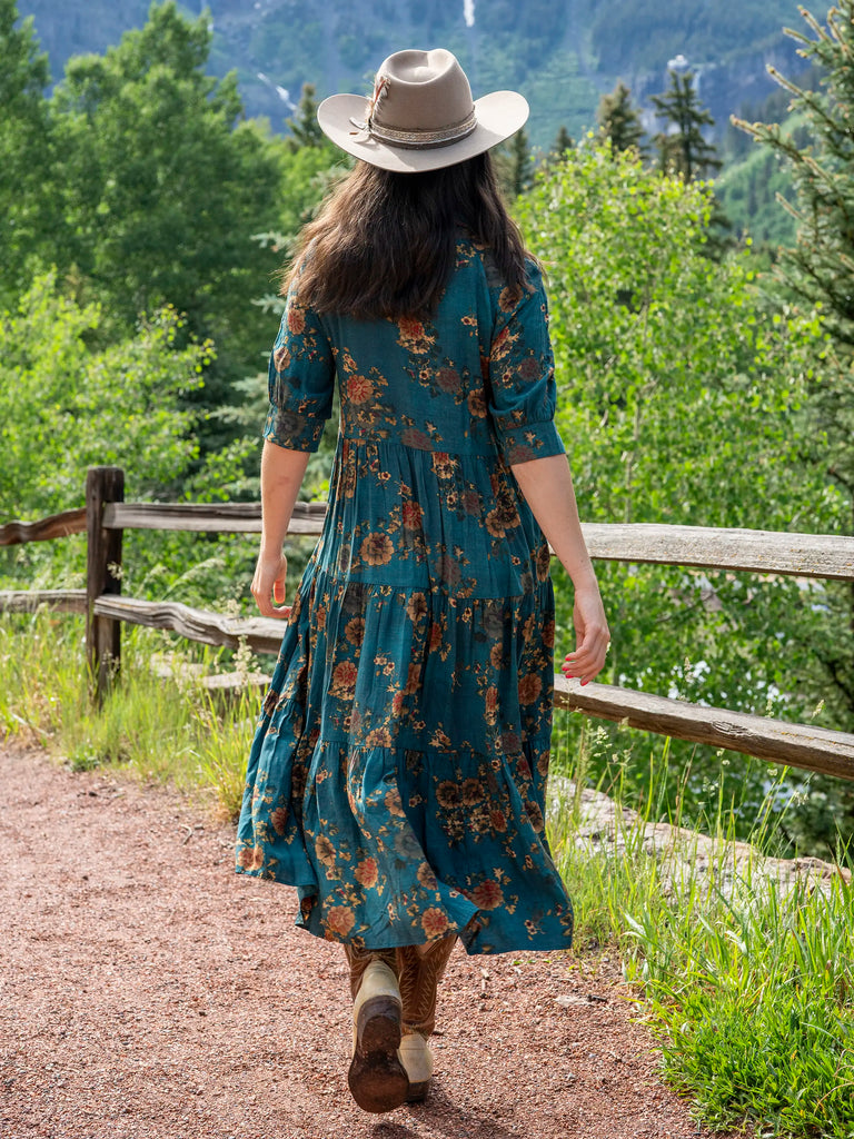 Rebecca Midi Dress - Teal Orange Clusters-view 6