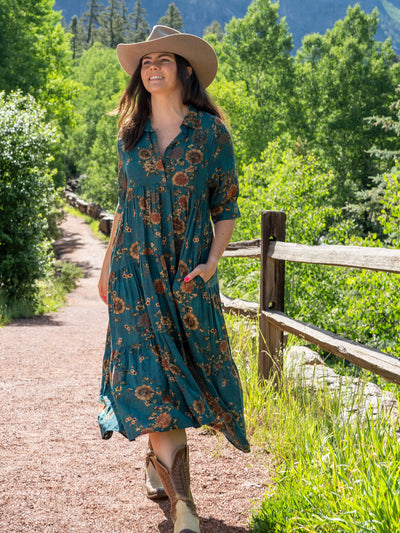 Rebecca Midi Dress - Teal Orange Clusters-view 1