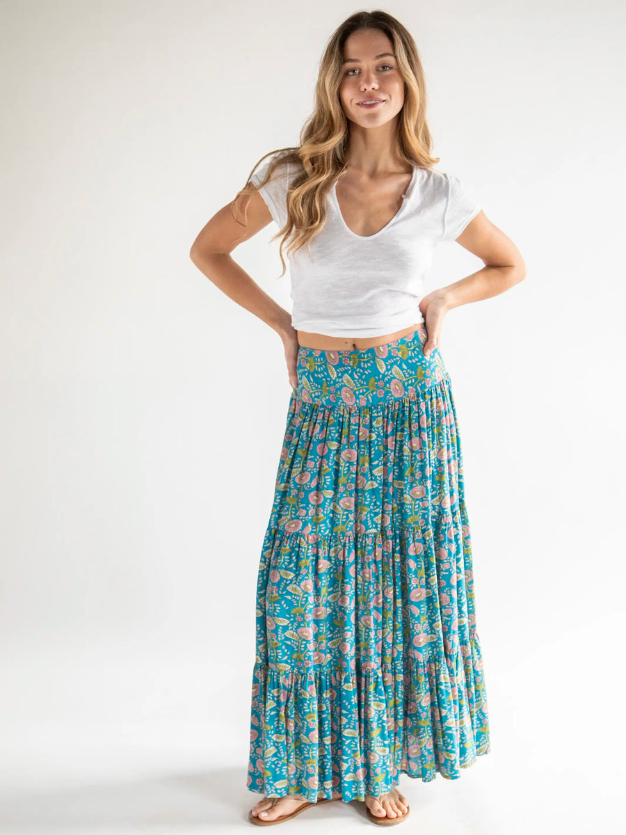 Hanna Convertible Maxi Skirt - Blue Pink Floral Vines – Natural Life