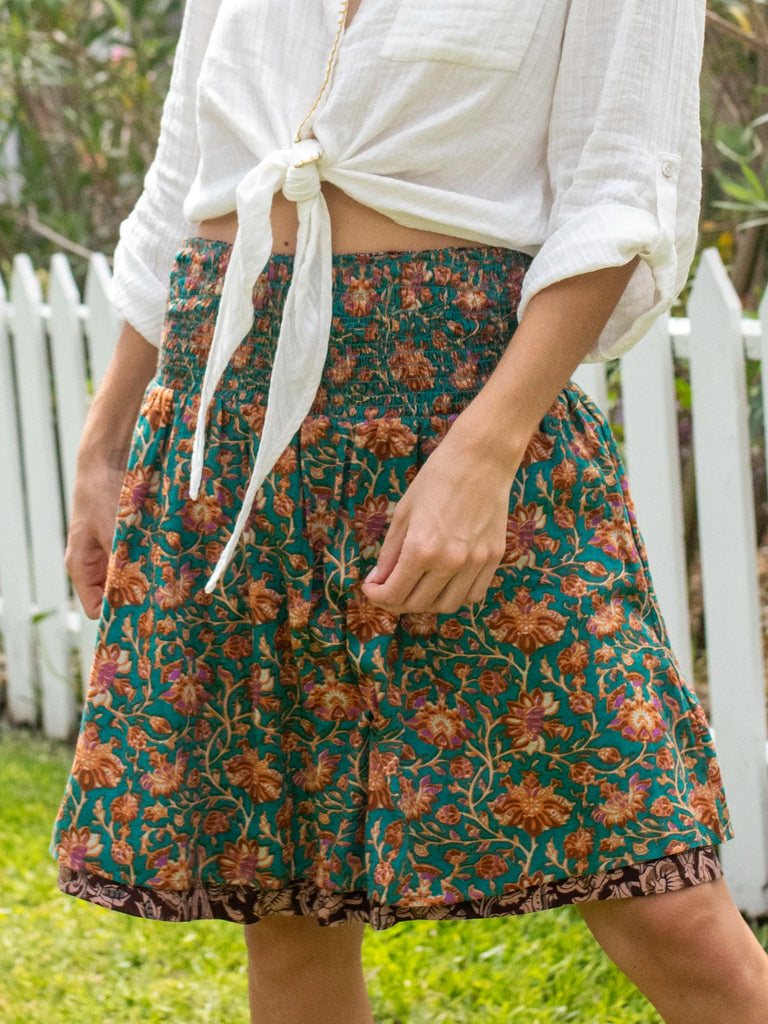 Ruby Reversible Skirt - Turquoise Brown Floral Vines-view 4