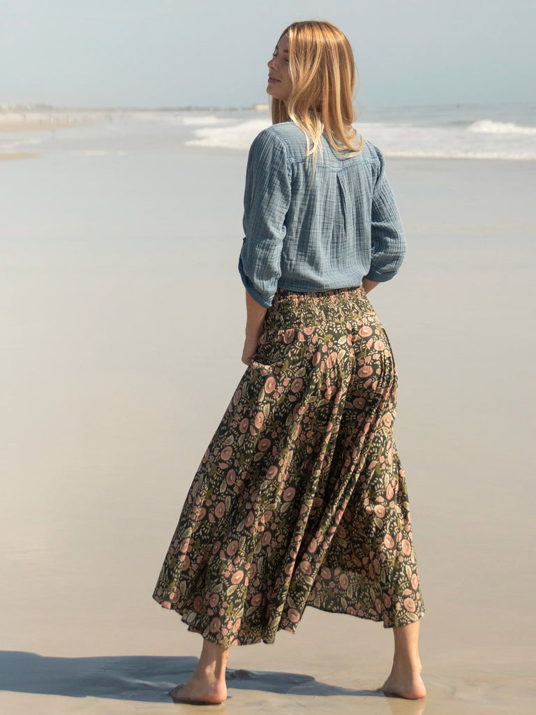 Wanderlust Palazzo Pant - Dark Green Pink Floral Vines-view 3