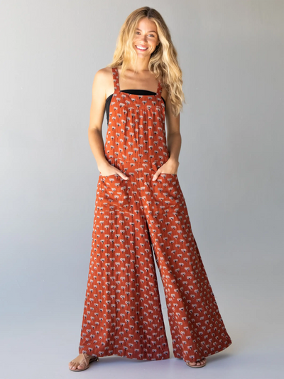 Dakota Tie Gauze Overall - Rust Tree Print-view 1