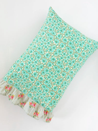 Mix & Match Soft Cotton Pillowcase, Single - Mint Dahlia Grey Nora Ruffle-view 1