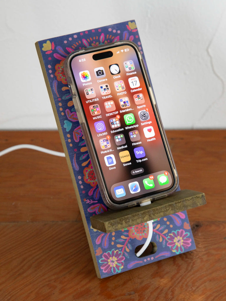 Wooden Phone Stand - Navy Folk Flower-view 2