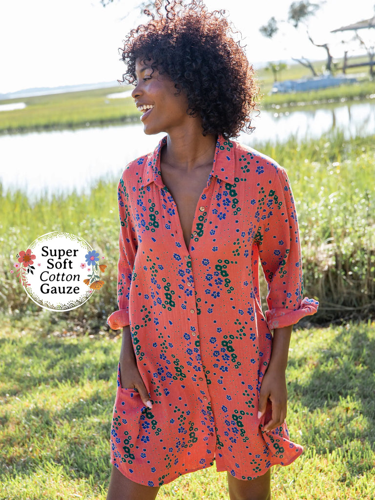 Georgia Cotton Gauze Shirt Dress - Red Green Floral – Natural Life