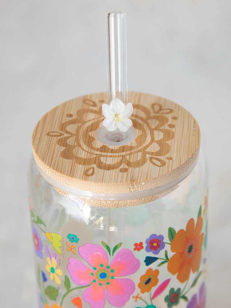 Glass Tumbler With Lid & Straw - Folk Flower-view 3