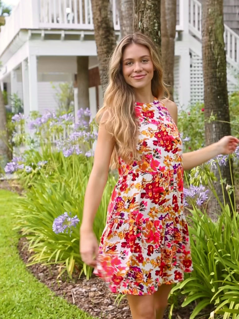 Halle Printed Halter Dress - Hot Pink Bright Orange Floral-view 4