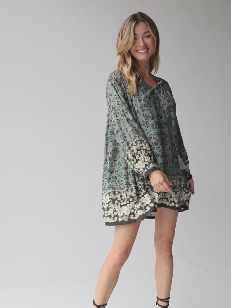 Dara V-Neck Tunic Dress - Sage Black Floral Border-view 3