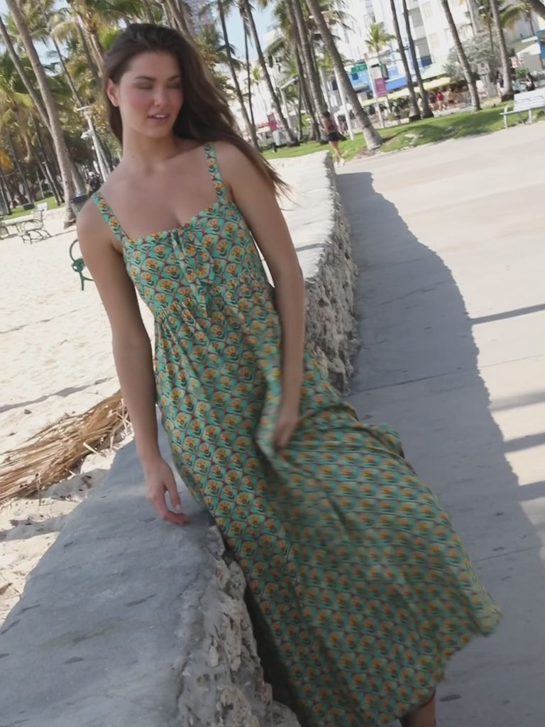 Patti Tie-Front Maxi Dress - Turquoise Yellow Fan Medallion-view 3